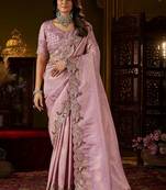 Lavender woven design embroidered silk blend designer kanjeevaram saree