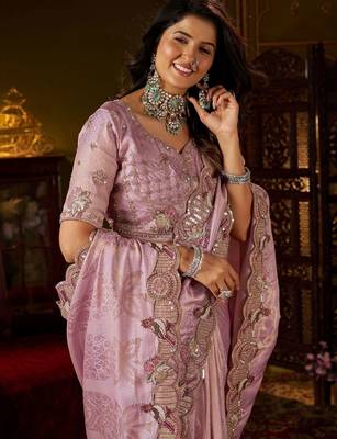 Lavender woven design embroidered silk blend designer kanjeevaram saree 2