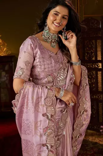 Lavender woven design embroidered silk blend designer kanjeevaram saree