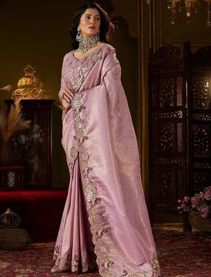 Lavender woven design embroidered silk blend designer kanjeevaram saree 3