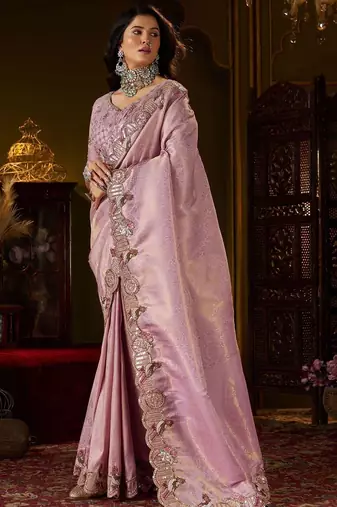 Lavender woven design embroidered silk blend designer kanjeevaram saree