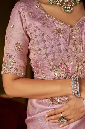 Lavender woven design embroidered silk blend designer kanjeevaram saree