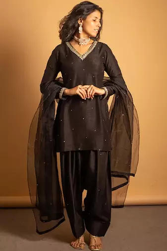 Black embroidered dupion silk kurta set