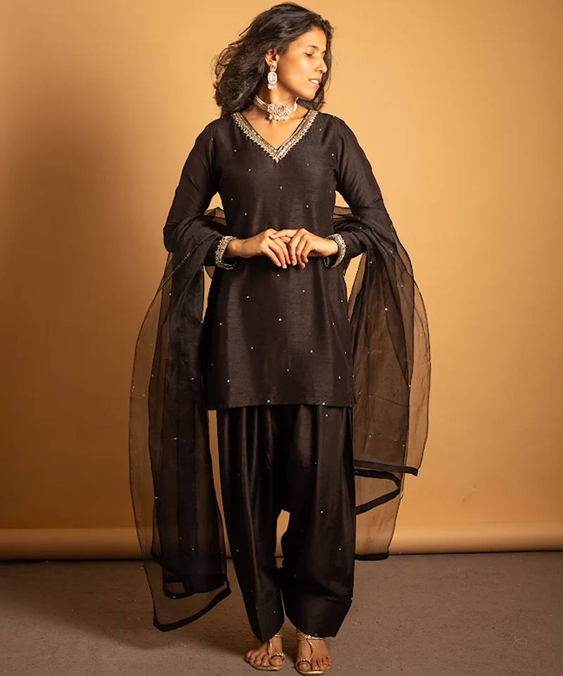 Black embroidered dupion silk kurta set