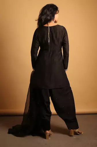 Black embroidered dupion silk kurta set