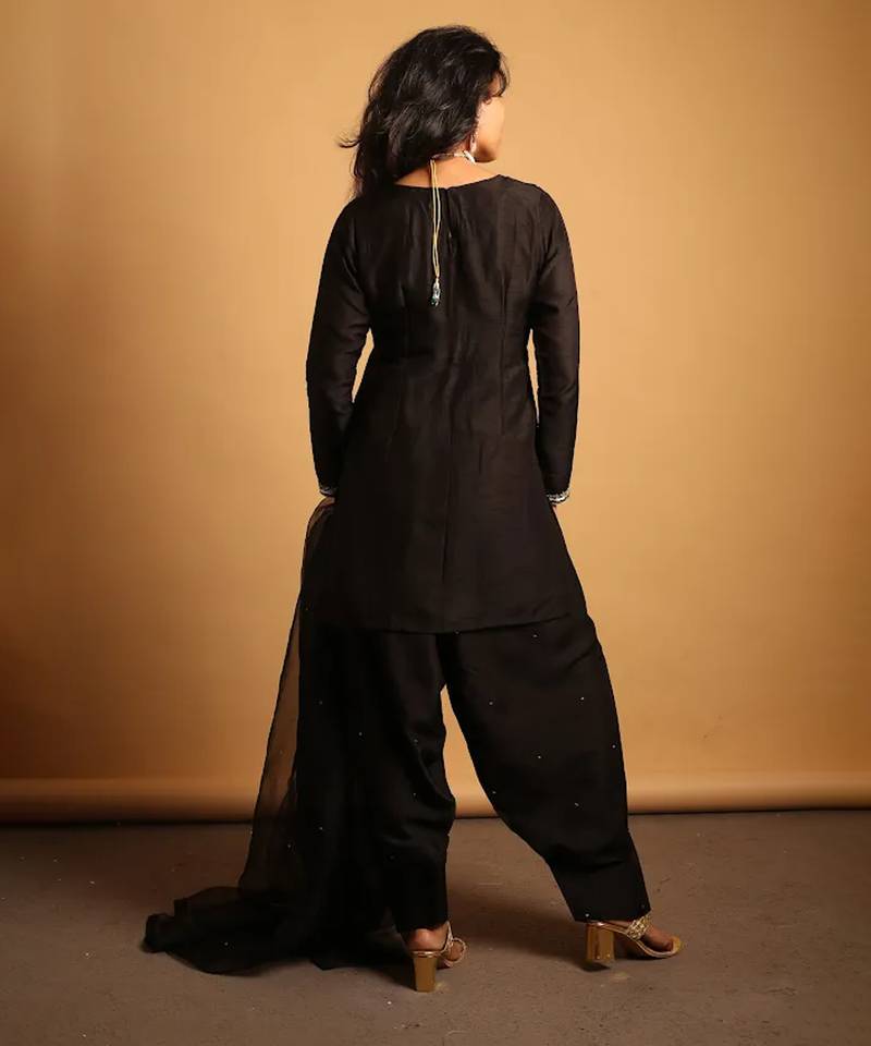 Black embroidered dupion silk kurta set