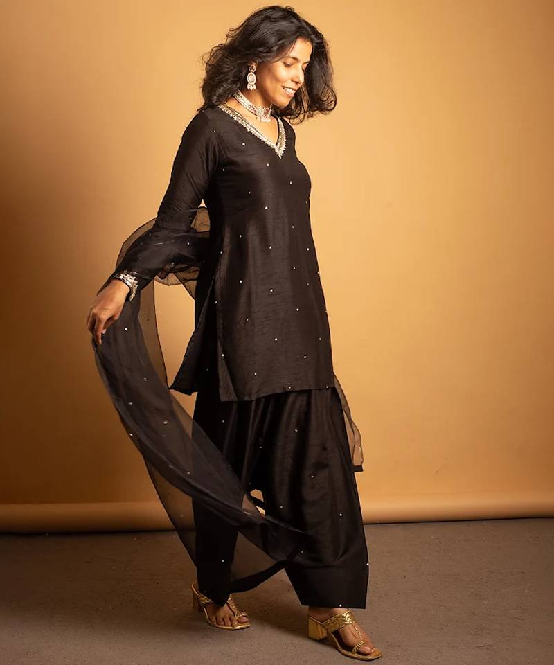 Black embroidered dupion silk kurta set