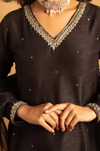 Black embroidered dupion silk kurta set