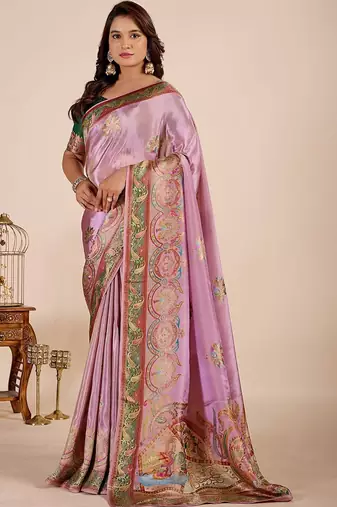 Lavender paisley embroidered tissue designer saree