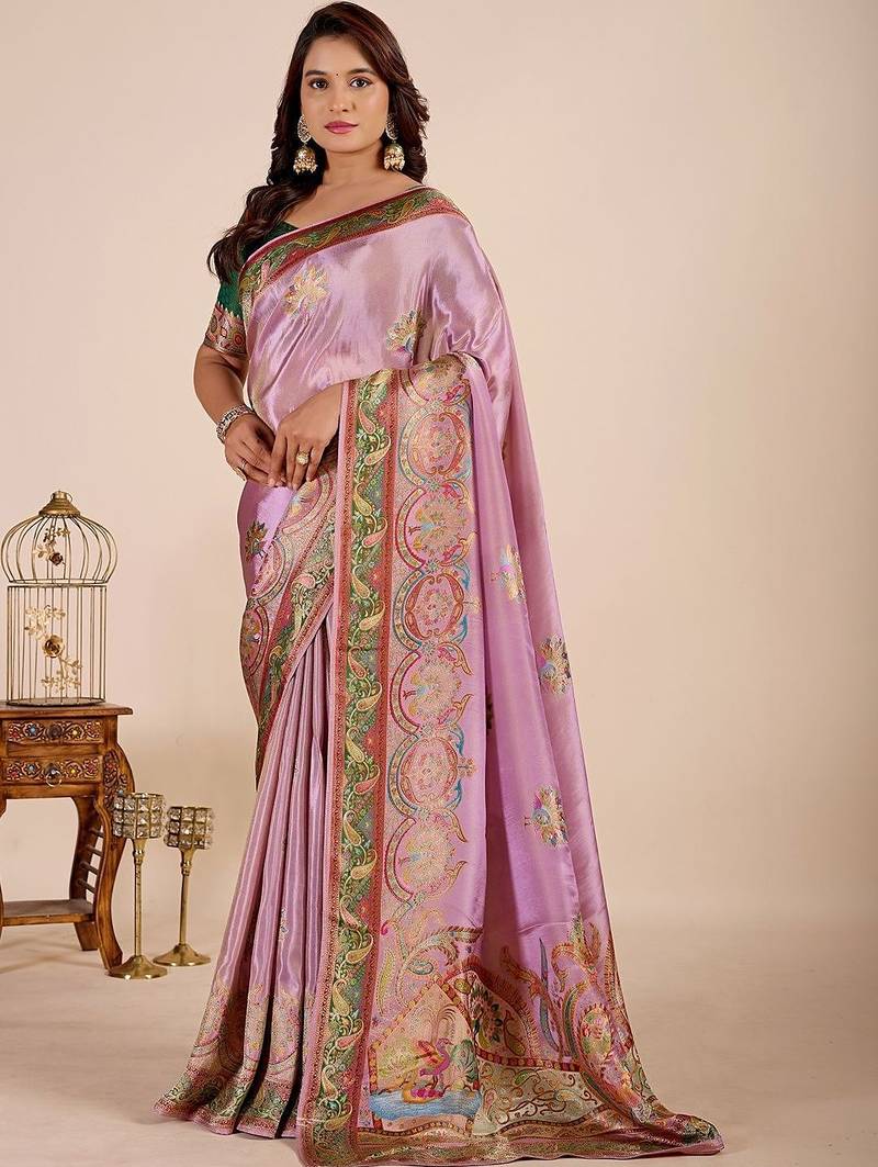 Lavender paisley embroidered tissue designer saree