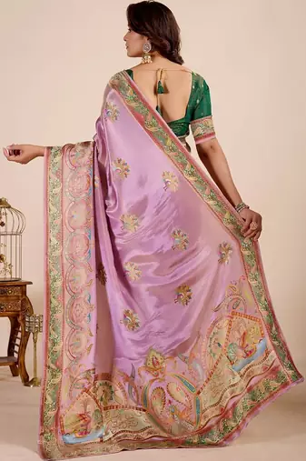 Lavender paisley embroidered tissue designer saree
