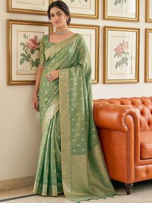 Olive woven design zari tissue designer banarasi saree 1