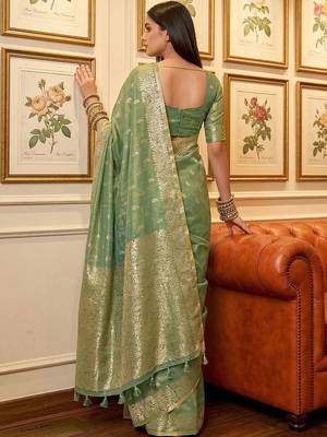 Olive woven design zari tissue designer banarasi saree 2