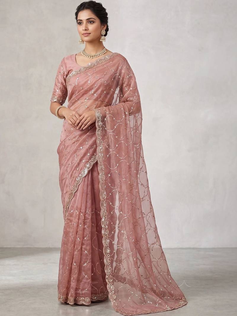 Peach tie and dye tissue saree