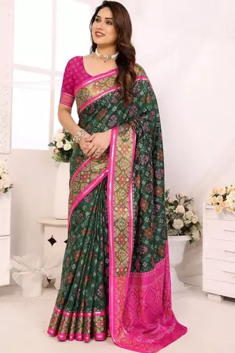 Green women bandhani zari silk blend designer patola saree