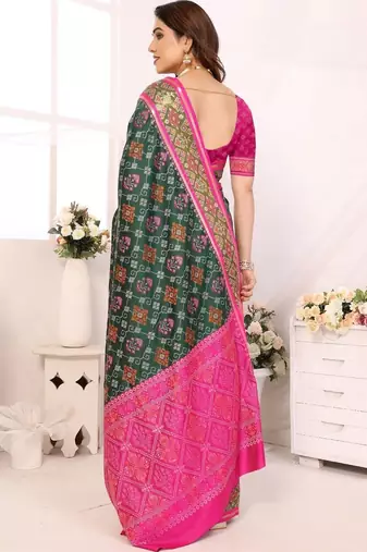 Green women bandhani zari silk blend designer patola saree
