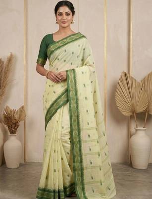 Cream pure cotton taant saree 1