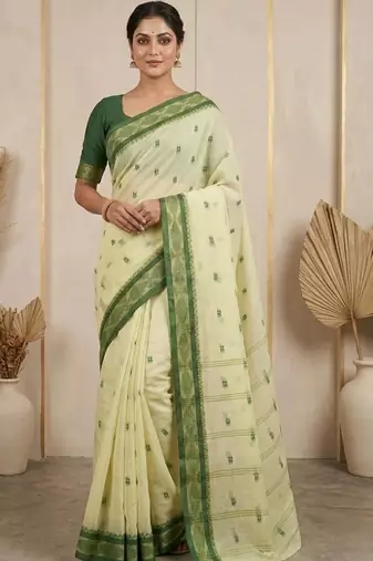 Cream pure cotton taant saree