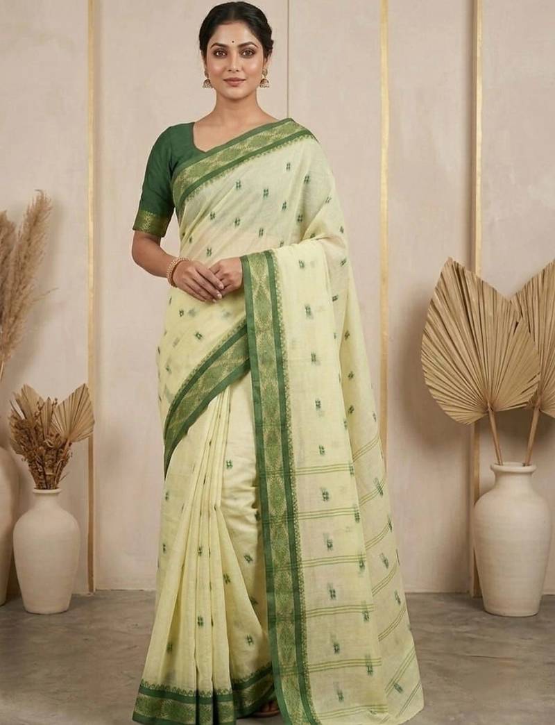 Cream pure cotton taant saree