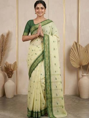 Cream pure cotton taant saree 2