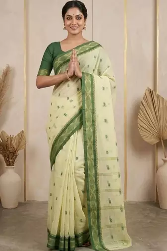 Cream pure cotton taant saree