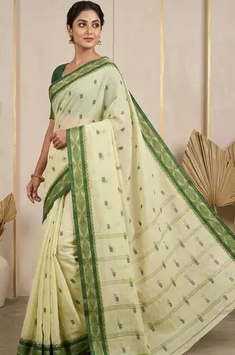 Cream pure cotton taant saree