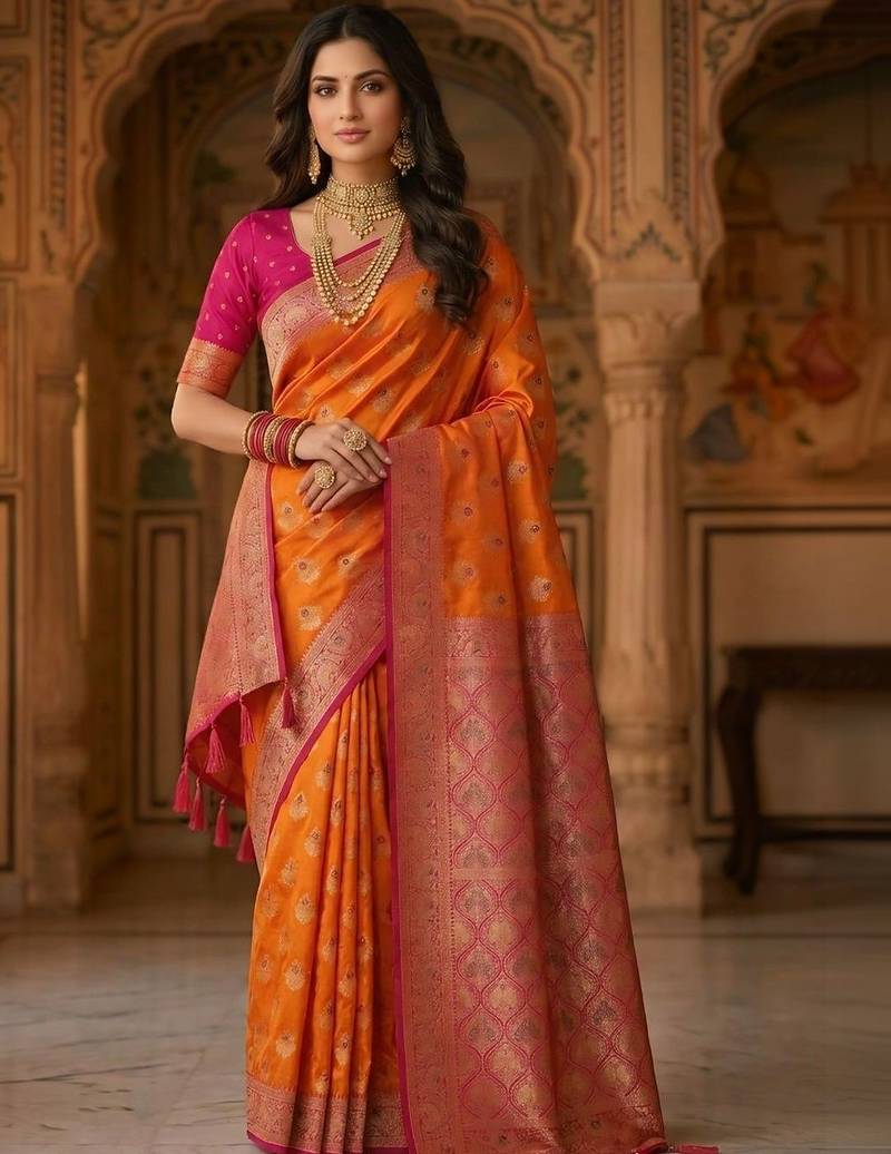 Orange orange woven design zari art silk banarasi saree for women
