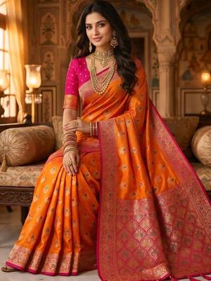 Orange orange woven design zari art silk banarasi saree for women 2