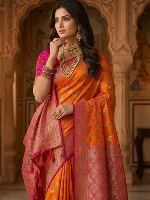 Orange orange woven design zari art silk banarasi saree for women 4