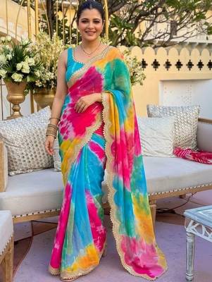 Multicolor tie and dye sequinned pure georgette leheriya saree 1