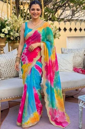 Multicolor tie and dye sequinned pure georgette leheriya saree