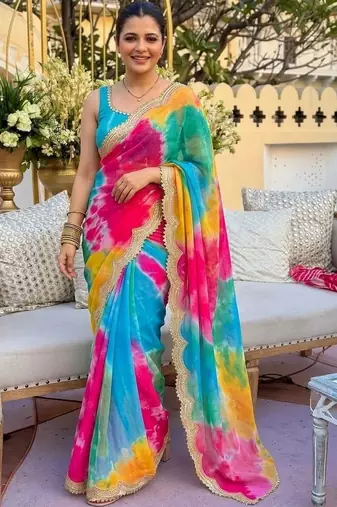Multicolor tie and dye sequinned pure georgette leheriya saree