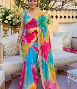 Multicolor tie and dye sequinned pure georgette leheriya saree