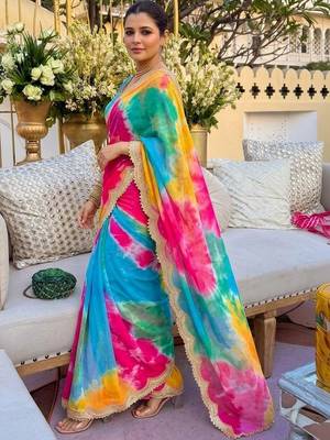 Multicolor tie and dye sequinned pure georgette leheriya saree 2