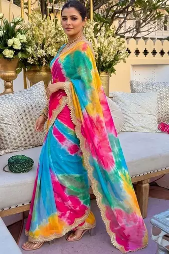 Multicolor tie and dye sequinned pure georgette leheriya saree