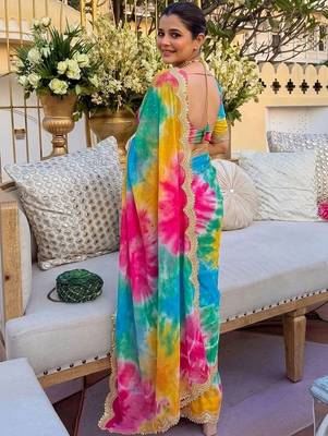 Multicolor tie and dye sequinned pure georgette leheriya saree 3
