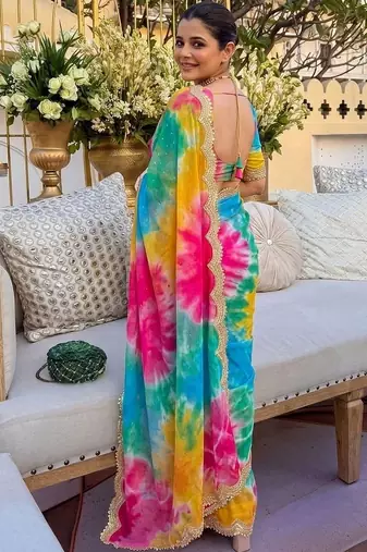Multicolor tie and dye sequinned pure georgette leheriya saree