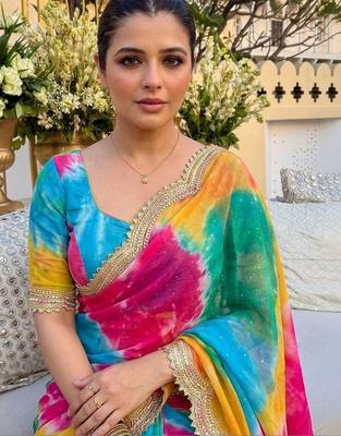 Multicolor tie and dye sequinned pure georgette leheriya saree 4
