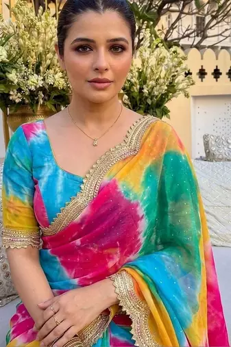 Multicolor tie and dye sequinned pure georgette leheriya saree