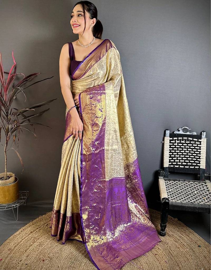Purple woven design zari silk blend designer kanjeevaram saree