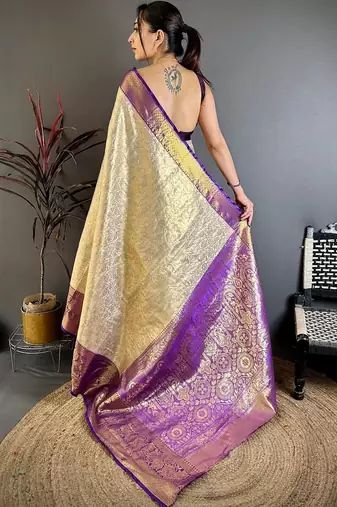 Purple woven design zari silk blend designer kanjeevaram saree