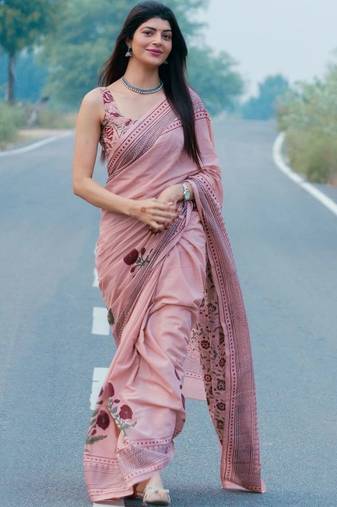 Pink designer digital printed pure linen saree