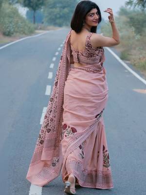 Pink designer digital printed pure linen saree 2
