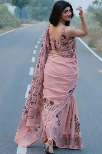 Pink designer digital printed pure linen saree