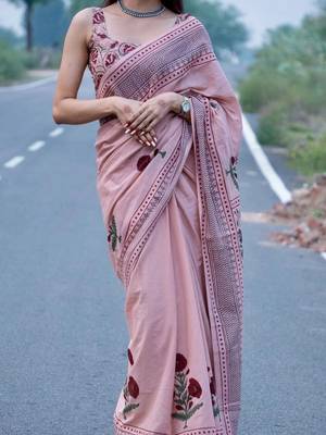 Pink designer digital printed pure linen saree 4