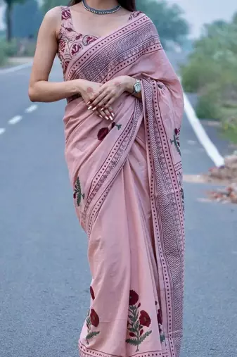 Pink designer digital printed pure linen saree