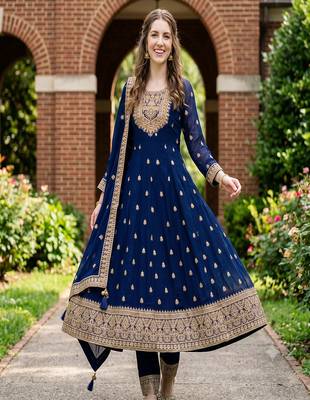 Women's navy blue embroidered  anarkali kurta set with pant and dupatta 1