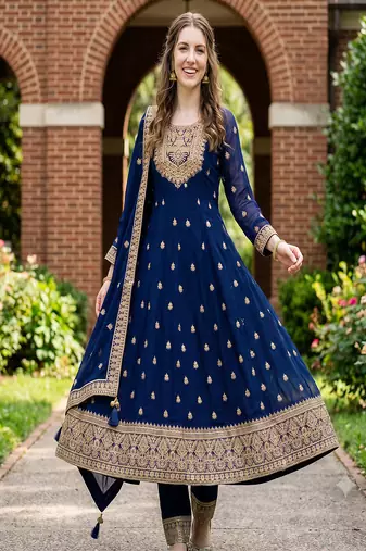 Women's navy blue embroidered  anarkali kurta set with pant and dupatta