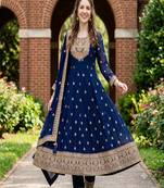 Women's navy blue embroidered  anarkali kurta set with pant and dupatta
