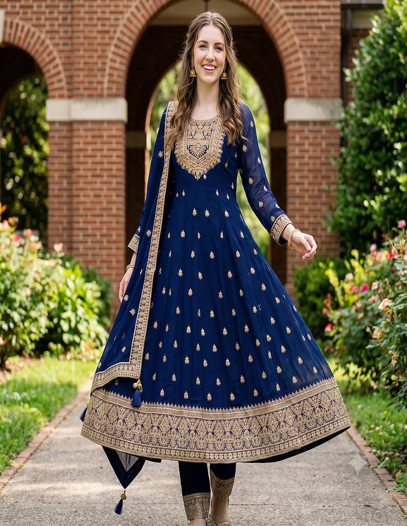Women's navy blue embroidered  anarkali kurta set with pant and dupatta